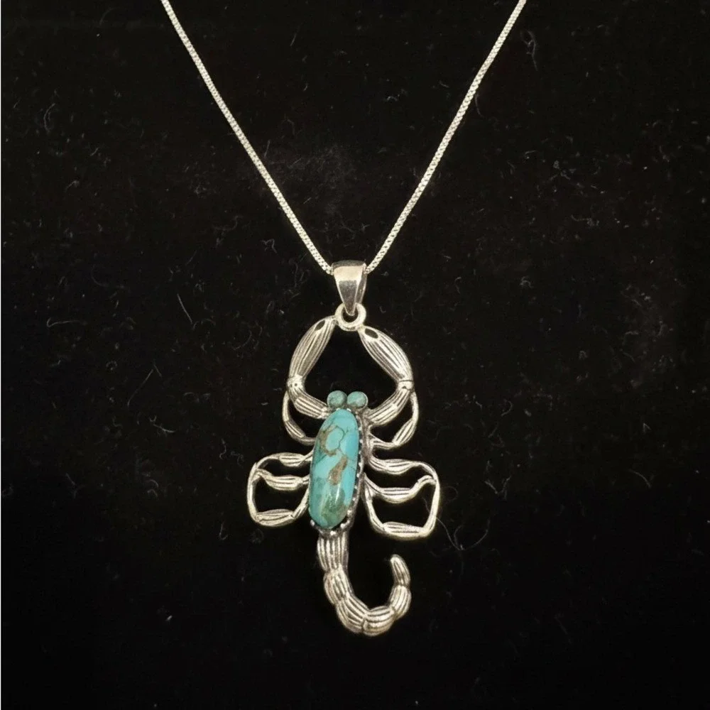 Sterling Silver Scorpion‎ Pendant with genuine turquoise Necklace